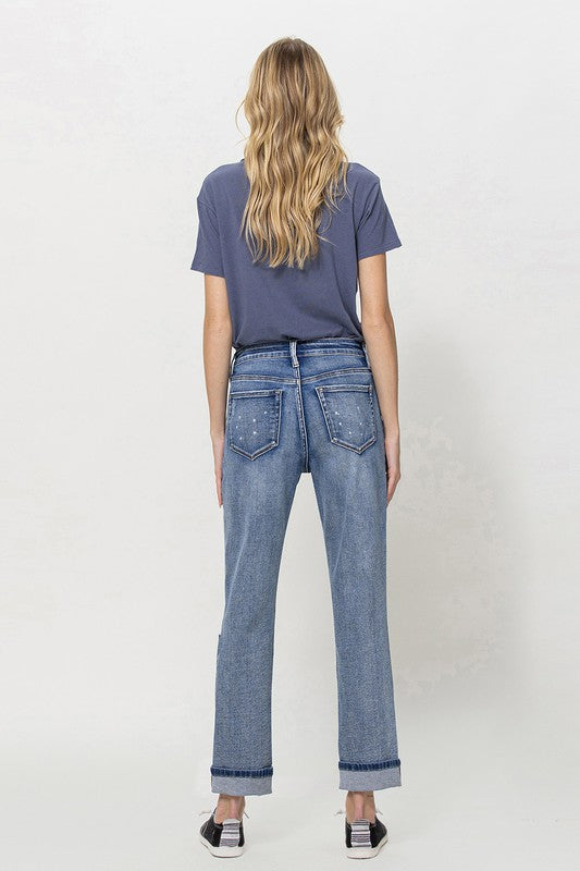 Stretch Mom Jeans w/ Spatter Detail and Cuff - Southern Obsession Co. 