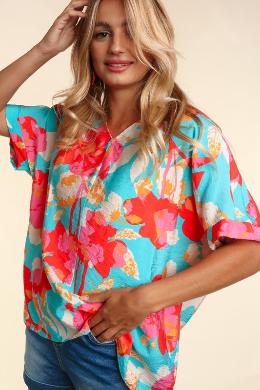PLUS DROP SHOULDER DOLMAN BANDED FLORAL WOVEN TOP - Southern Obsession Co. 