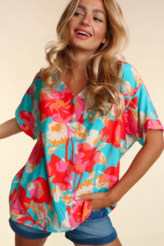 PLUS DROP SHOULDER DOLMAN BANDED FLORAL WOVEN TOP - Southern Obsession Co. 