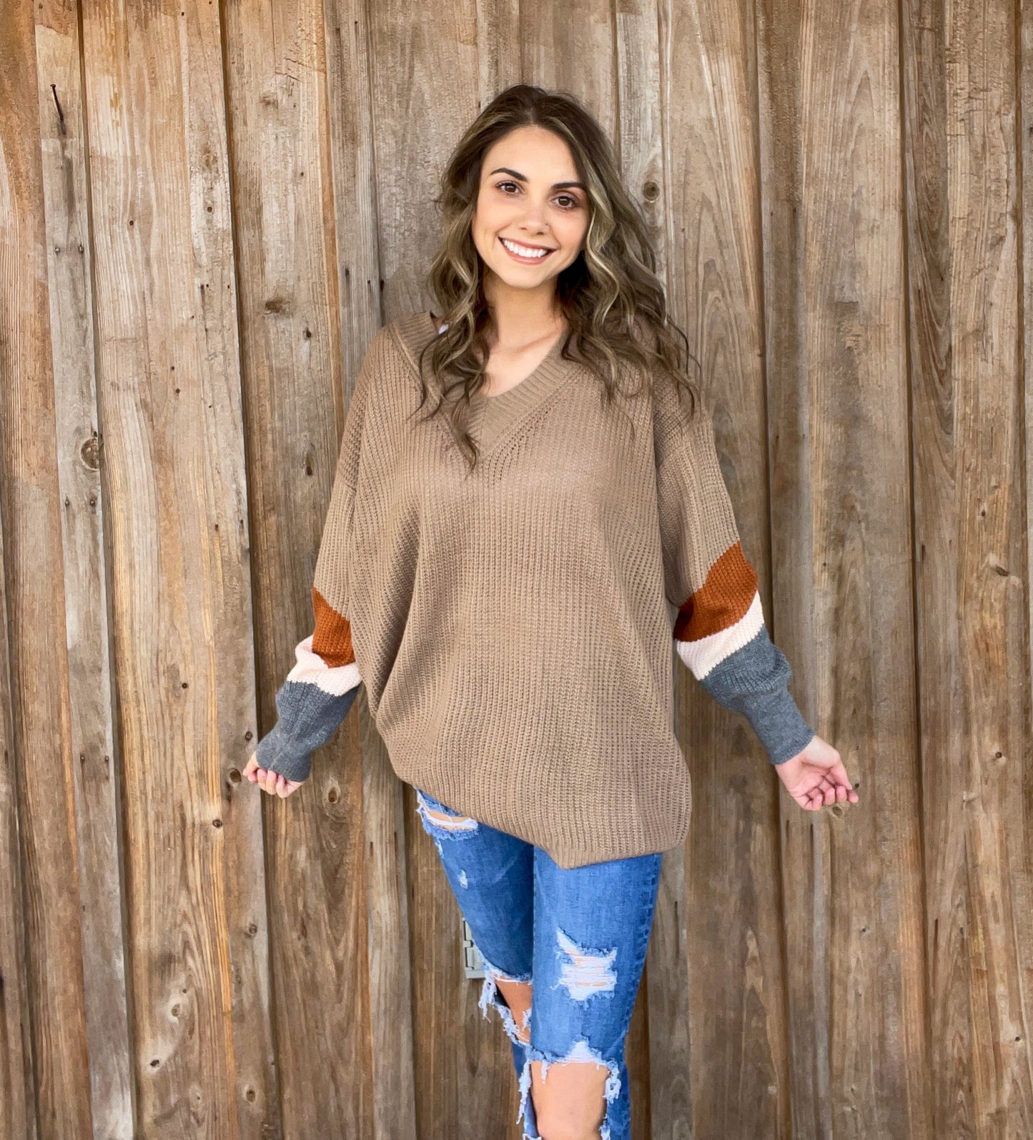 Khaki V-neck Sweater - Southern Obsession Co. 