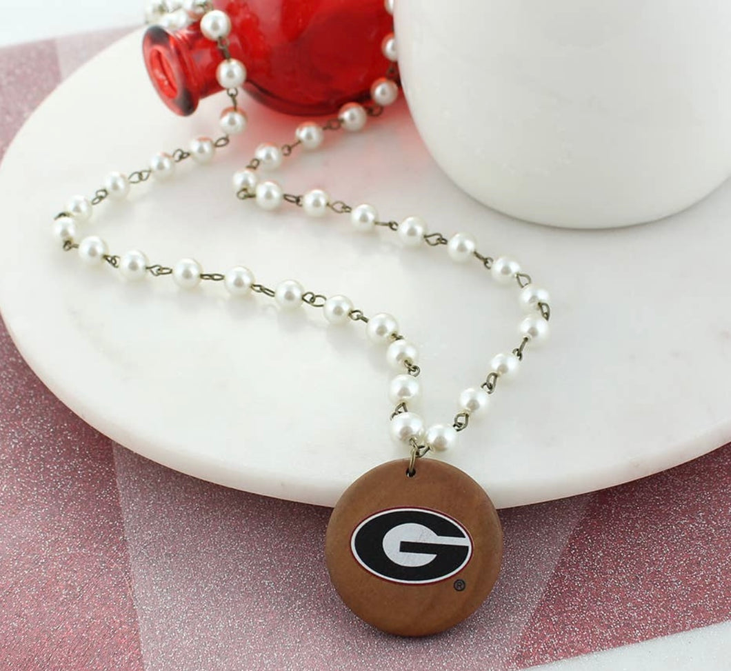 34” Georgia Logo Pearl & Wood Disc Necklace