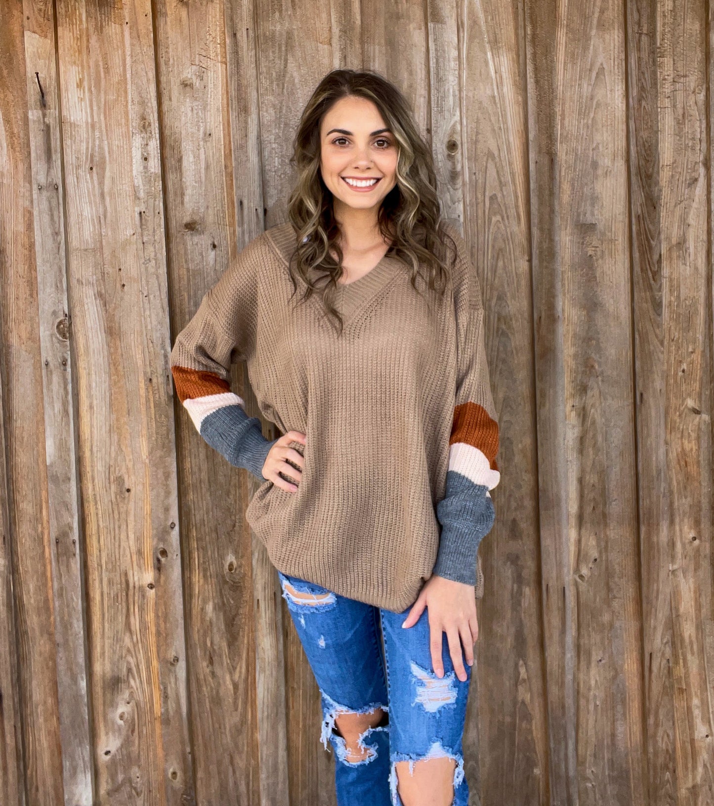 Khaki V-neck Sweater - Southern Obsession Co. 